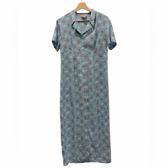 Robbie Bee Dresses & Skirts - Vintage Robbie Bee Baby Blue Floral Retro Grandma Button-front Maxi Dress 8